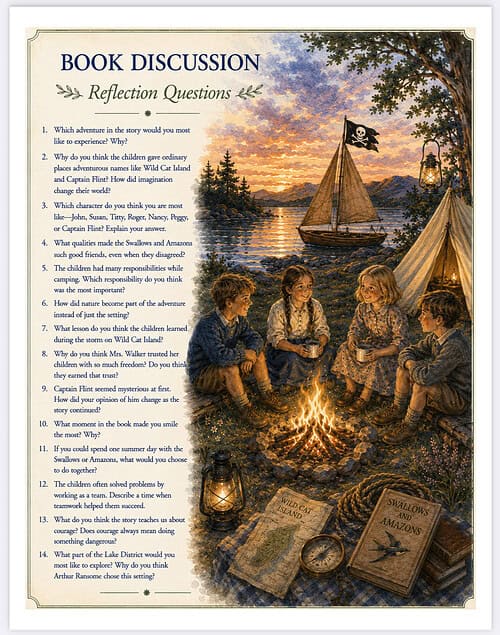 Homeschool Resource Co. Book Discussion Children gathered around a campfire with books and sailboat illustration at dusk for a book discussion scene.