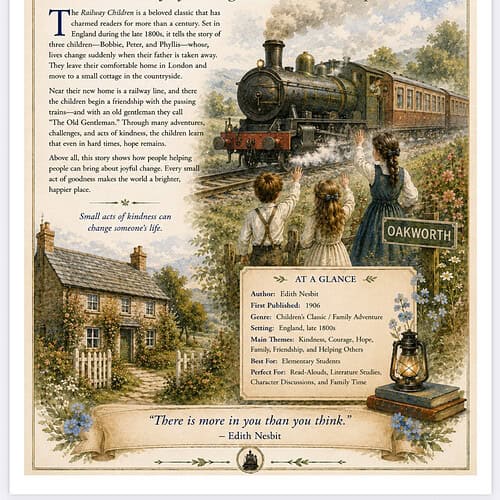Vintage cover image of The Railway Children with a steam locomotive, children by the tracks, and a sign reading Oakworth.