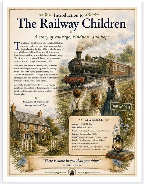 The Railway Children book cover Vintage cover image of The Railway Children with a steam locomotive, children by the tracks, and a sign reading Oakworth.