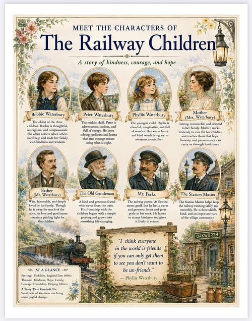 The Railway Children Characters The Railway Children illustration featuring the main characters: Bobbie Waterbury, Peter Waterbury, Phyllis Waterbury, Mother, Father, The Old Gentleman, Mr. Perks, The Station Master with a vintage .