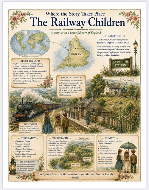 The Railway Children - Image An illustrated vintage poster featuring The Railway Children with a world map, train, station, and countryside scene, highlighting England and Oakworth Station.