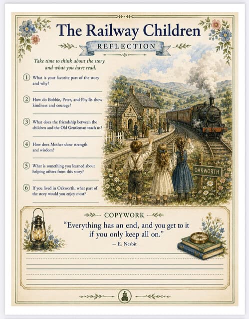 The Railway Children Reflection Poster titled The Railway Children Reflection featuring a steam train, a village station, children on a path, and floral border design.