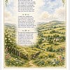 The Little Railway - Vintage Illustration Vintage illustration of a pastoral countryside with rolling hills, flowers in the foreground, and a distant farmhouse under a blue sky.
