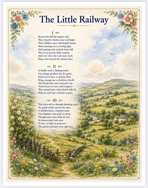 The Little Railway - Vintage Illustration Vintage illustration of a pastoral countryside with rolling hills, flowers in the foreground, and a distant farmhouse under a blue sky.