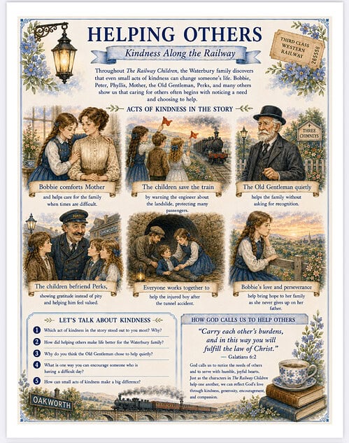 Helping Others - Acts of Kindness in the Story Illustrated panel showing kindness themes from the Railway Children story: characters helping each other and neighbors, with vintage artwork and a lamp post.