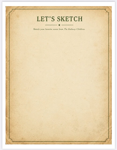 Homeschool Sketch Page Vintage sketch page for homeschooling resources with aged parchment background and green ornate border.