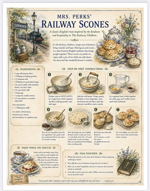 Railway Scones – Homeschool Resource Co. Infographic style recipe for Mrs. Perks' Railway Scones with steps, ingredients, and serving ideas from Homeschool Resource Co.