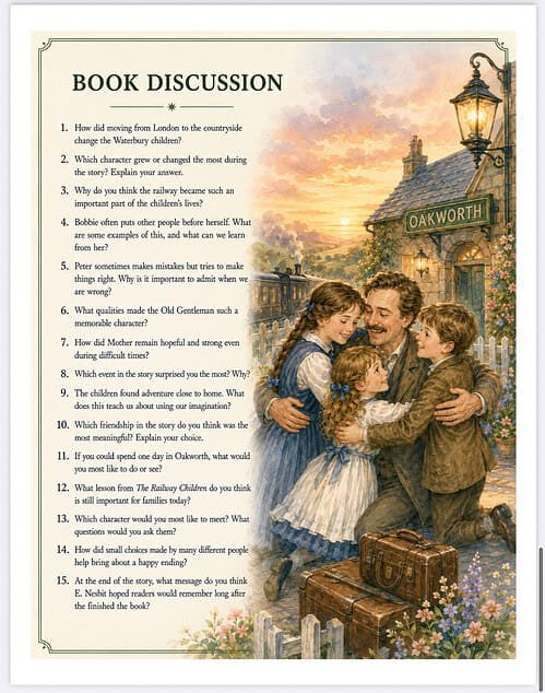 Book Discussion at Oakworth Illustration of children and a man outside a cozy bookstore labeled Oakworth, with suitcases and a warm sunset.