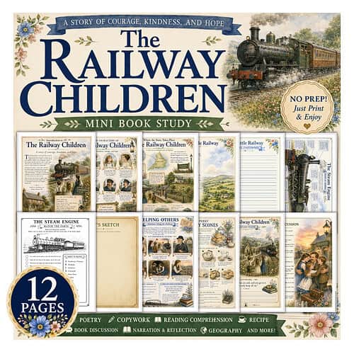 The Railway Children mini book study bundle by Homeschool Resource Co. featuring vintage train imagery and colorful pages.