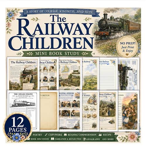 The Railway Children Mini Book Study The Railway Children mini book study bundle by Homeschool Resource Co. featuring vintage train imagery and colorful pages.