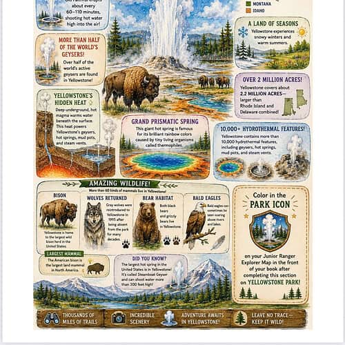 Yellowstone National Park infographic poster featuring landmarks, wildlife like bison and bears, geysers, trails, and colorful park icons for educational and SEO purposes.