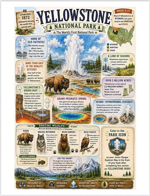 Yellowstone National Park Poster Yellowstone National Park infographic poster featuring landmarks, wildlife like bison and bears, geysers, trails, and colorful park icons for educational and SEO purposes.
