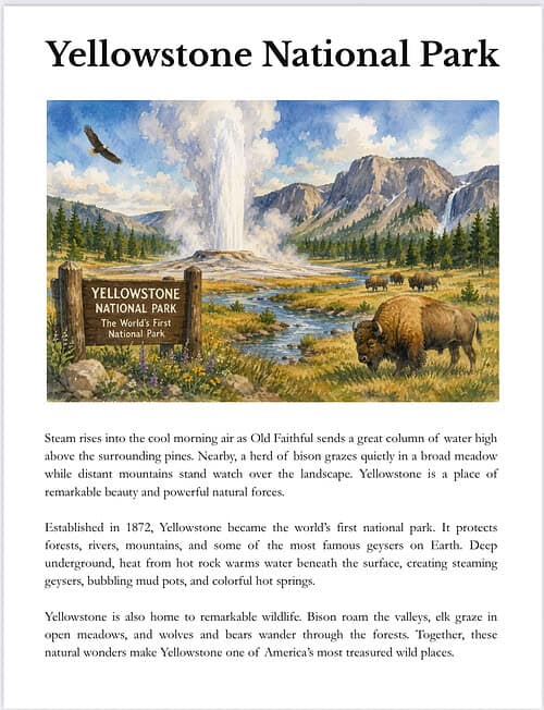 Yellowstone National Park Scene Yellowstone National Park landscape with geyser, bison, mountains and pine trees.