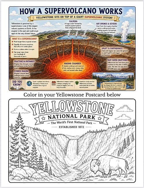 Homeschool Resource Co. Image Overview Educational infographic and coloring postcard showing Yellowstone geology and wildlife for homeschool learning.