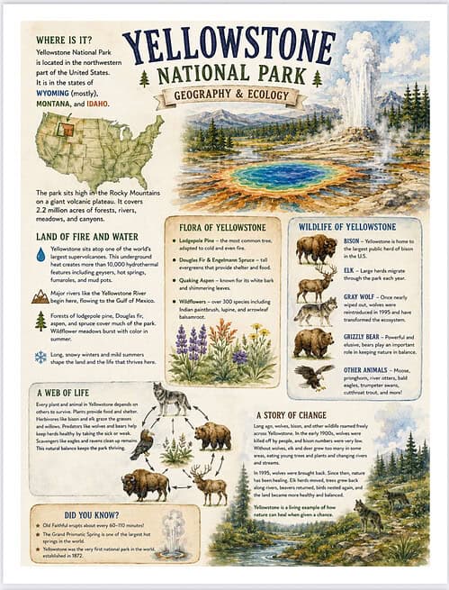Yellowstone National Park Overview Yellowstone National Park infographic highlighting geography, flora, fauna, and notable landmarks with a map and geysers.