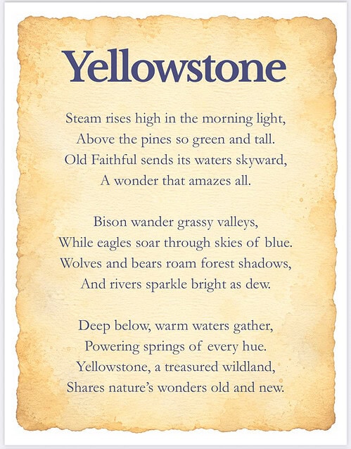 Yellowstone Poem Artwork Yellowstone poem on a parchment background featuring nature-themed verses about rivers, springs, and wildlife, suitable for homeschool resource content.