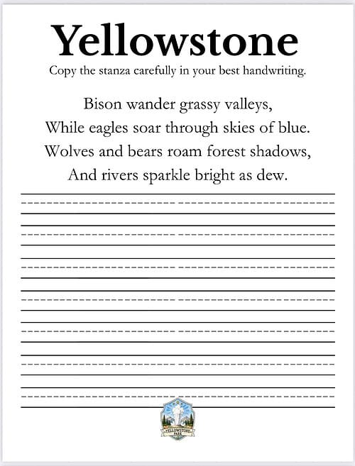 Yellowstone Poem Scroll Yellowstone poem page with verses about bison, eagles, wolves and rivers, styled like handwriting practice.