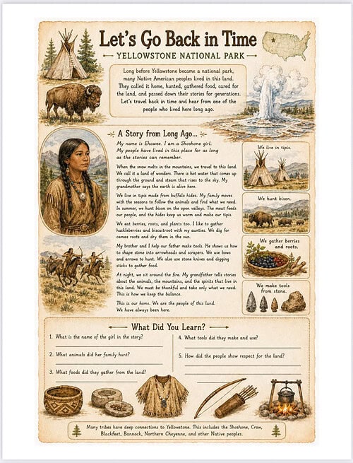 Let’s Go Back in Time – Yellowstone Park Vintage illustrated page titled Let’s Go Back in Time about Yellowstone National Park, featuring a Native American woman, wildlife, landscape scenes, and educational captions.