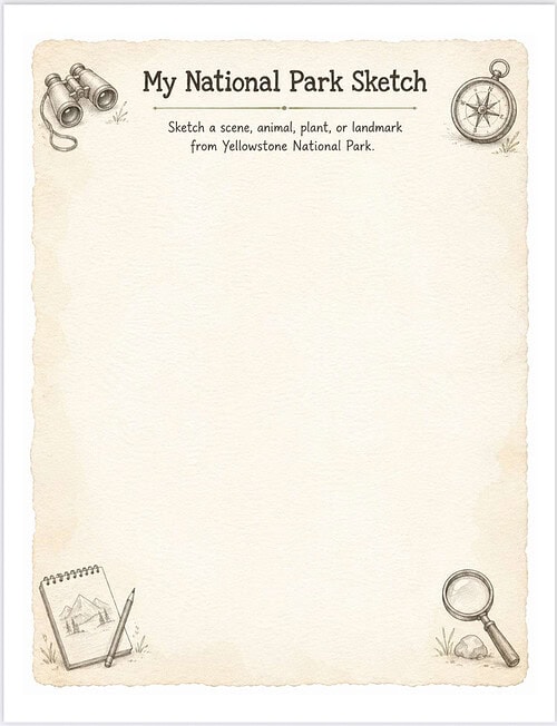 My National Park Sketch Sketchy parchment page with compass, binoculars, magnifying glass, notebook, and pencil border, inviting homeschool nature drawing and study.