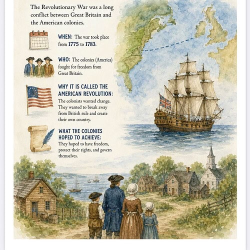 Illustrated poster titled What Was the Revolutionary War? featuring a sailing ship, colonial family, and map. Educational image from Homeschool Resource Co. for history learning.