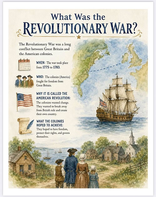 Revolutionary War Poster Graphic Illustrated poster titled What Was the Revolutionary War? featuring a sailing ship, colonial family, and map. Educational image from Homeschool Resource Co. for history learning.