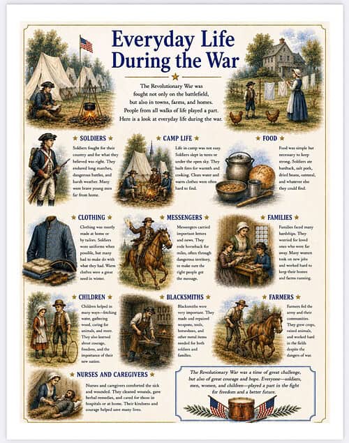 Everyday Life During the War Illustration of soldiers, civilians, and daily activities during the war with tents, camp life, and food scenes.
