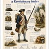 A Revolutionary Soldier - infographics Infographic illustration of a Revolutionary War soldier with gear and camp scene, labeled items include tricorn hat, knapsack, cartridge box, canteen, musket, bayonet, powder horn, food and shelter.