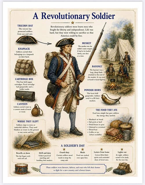 A Revolutionary Soldier - infographics Infographic illustration of a Revolutionary War soldier with gear and camp scene, labeled items include tricorn hat, knapsack, cartridge box, canteen, musket, bayonet, powder horn, food and shelter.