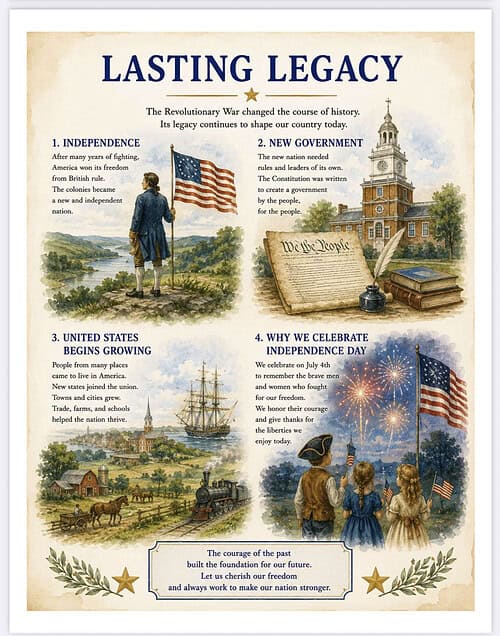 Lasting Legacy - Independence Poster Historical poster titled Lasting Legacy depicting independence and American symbols with students and scenes of the Revolutionary War era.