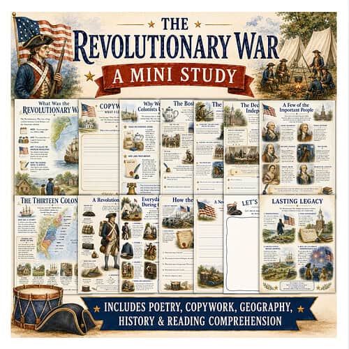 The Revolutionary War mini study pages with colonial imagery, historical figures, and maps for homeschooling resource learning.
