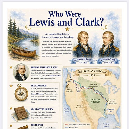 Who Were Lewis and Clark? An educational infographic about Meriweather Lewis and William Clark, their expedition, the Louisiana Purchase, and key timeline events.