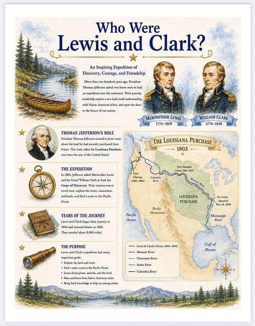Who Were Lewis and Clark? Who Were Lewis and Clark? An educational infographic about Meriweather Lewis and William Clark, their expedition, the Louisiana Purchase, and key timeline events.