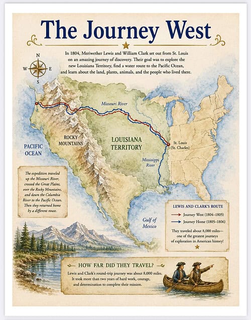 The Journey West Map – Homeschool Resource Co. Illustrated historical map titled The Journey West showing Lewis and Clark's expedition route across the United States with the Pacific Ocean on the left and a small illustration of explorers paddling.