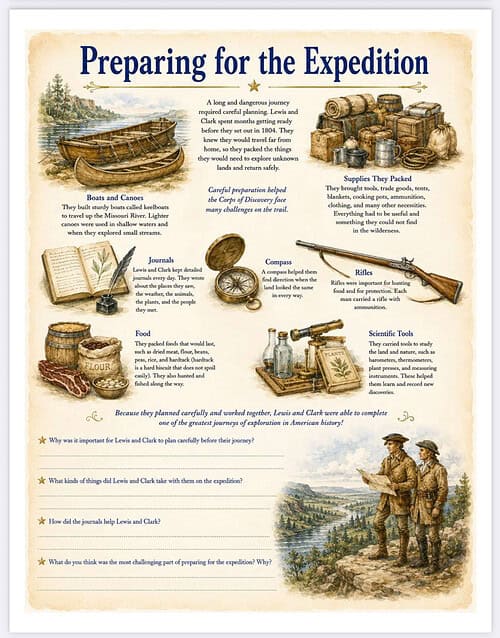 Preparing for the Expedition An infographic showing components for homeschool expedition planning, including boats, crates, journals, compass, rifles, scientific tools, food, and maps with explorers preparing for travel.