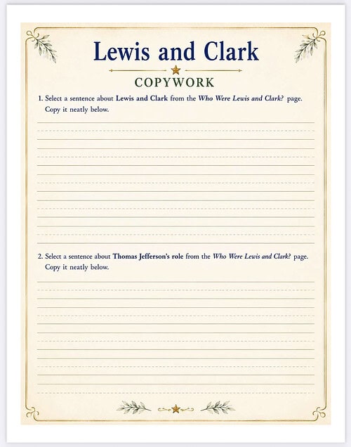 Lewis and Clark Copywork Worksheet Copywork worksheet featuring Lewis and Clark with decorative border and lines for student writing, aligned with Homeschool Resource Co.
