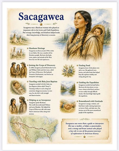 Sacagawea - Homeschool Resource Co. Sacagawea illustrated profile with Shoshone family and expedition scenes for educational use.