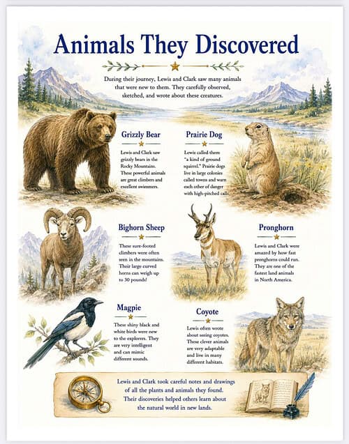 Animals They Discovered Illustrated poster featuring Lewis and Clark era wildlife including Grizzly Bear, Prairie Dog, Bighorn Sheep, Pronghorn, Magpie, Coyote and other animals with descriptive labels and a scenic backdrop.