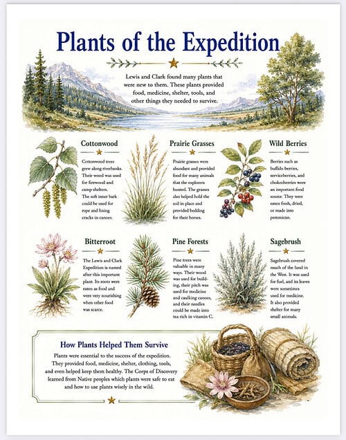 Plants of the Expedition Illustration of expedition plants including Cottonwood, Prairie Grasses, Wild Berries, Bitterroot, Pine Forests, Sagebrush and more with a woven basket.