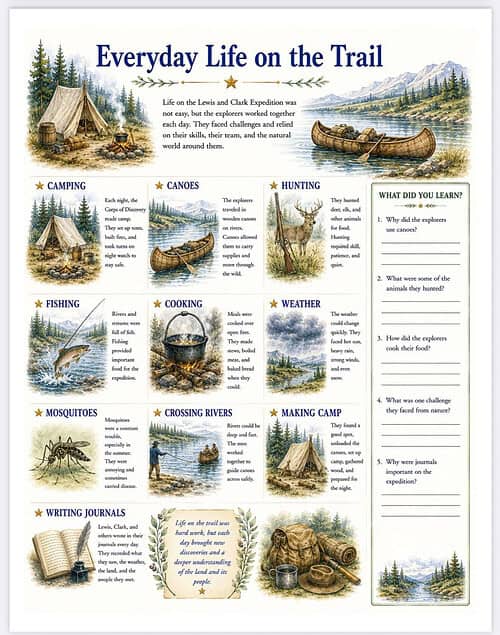 Everyday Life on the Trail Overview Everyday Life on the Trail image showing camping, canoes, hunting, fishing, cooking, weather, mosquitoes, crossing rivers, making camp, and writing journals on a historic Lewis and Clark expedition.