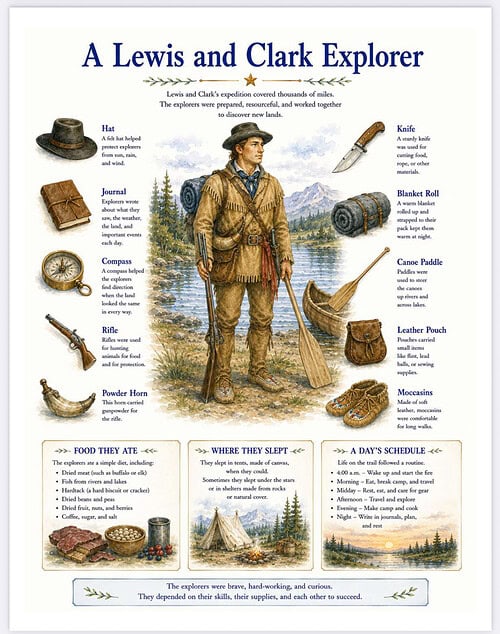 A Lewis and Clark Explorer Illustration of an American frontier explorer in a rugged outfit with a hat, surrounded by essential tools and supplies such as a journal, compass, rifle, powder horn, knife, canoe paddle, and leather.