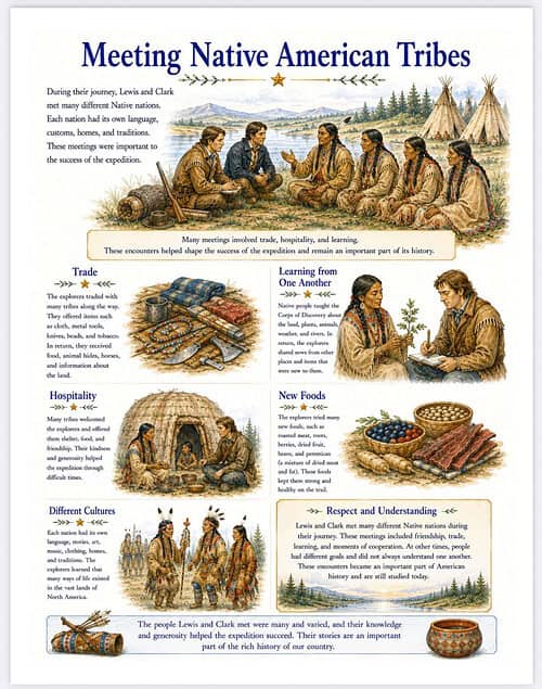 Meeting Native American Tribes - Resource Co. Illustration of a Native American tribe meeting with people seated in a circle, tents in the background, depicting trade, hospitality, learning, and cultural exchange.