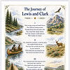 The Journey of Lewis and Clark - Overview Illustration of Lewis and Clark expedition with river scene, camps, mountains, and wildlife in a vintage travel poster style.