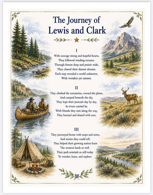 The Journey of Lewis and Clark - Overview Illustration of Lewis and Clark expedition with river scene, camps, mountains, and wildlife in a vintage travel poster style.