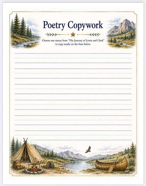 Poetry Copywork Page Poetry Copywork page featuring scenic lake, mountains, tipi, canoe and campfire for homeschool writing practice.