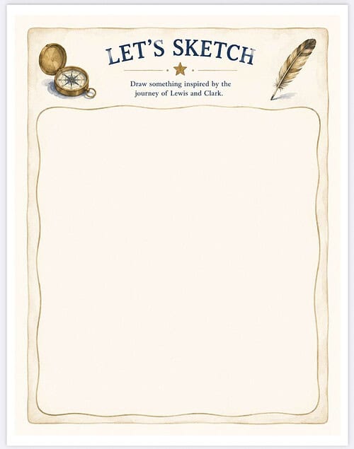 Homeschool Sketch Prompt Template Let's Sketch prompt template with vintage border, compass, feather and blank drawing area for creative learning and homeschooling activities.