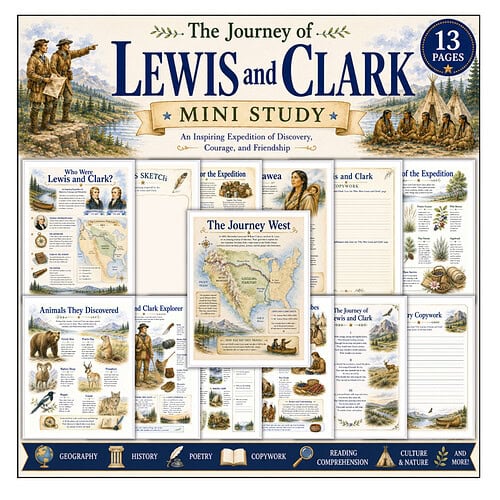 The Journey of Lewis and Clark mini study pages showing explorers, maps, and artifacts for homeschool learning.