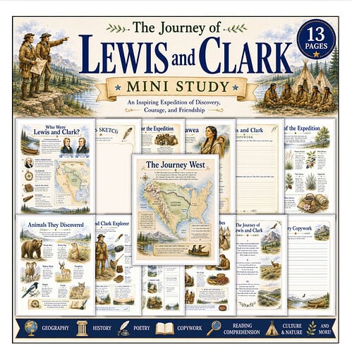 The Journey of Lewis and Clark Mini Study The Journey of Lewis and Clark mini study pages showing explorers, maps, and artifacts for homeschool learning.