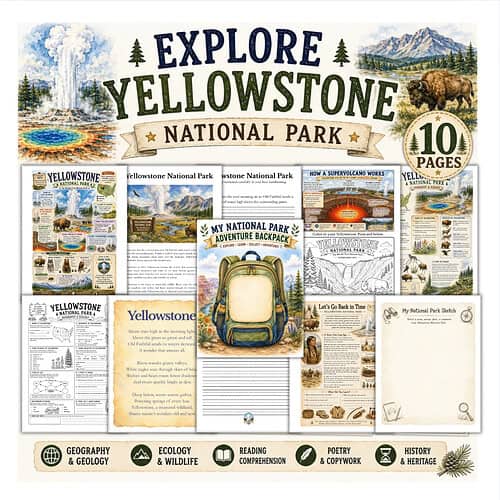 Explore Yellowstone National Park collage featuring maps, backpack, wildlife, and geysers from Homeschool Resource Co. with travel-ready educational design.