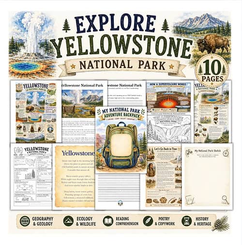 Explore Yellowstone National Park Cover Explore Yellowstone National Park collage featuring maps, backpack, wildlife, and geysers from Homeschool Resource Co. with travel-ready educational design.