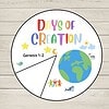 The Story of Creation Craf Days of Creation circle image for Genesis 1-2 with colorful 'Days of Creation' text, globe, stars, and children icons on a wooden background.